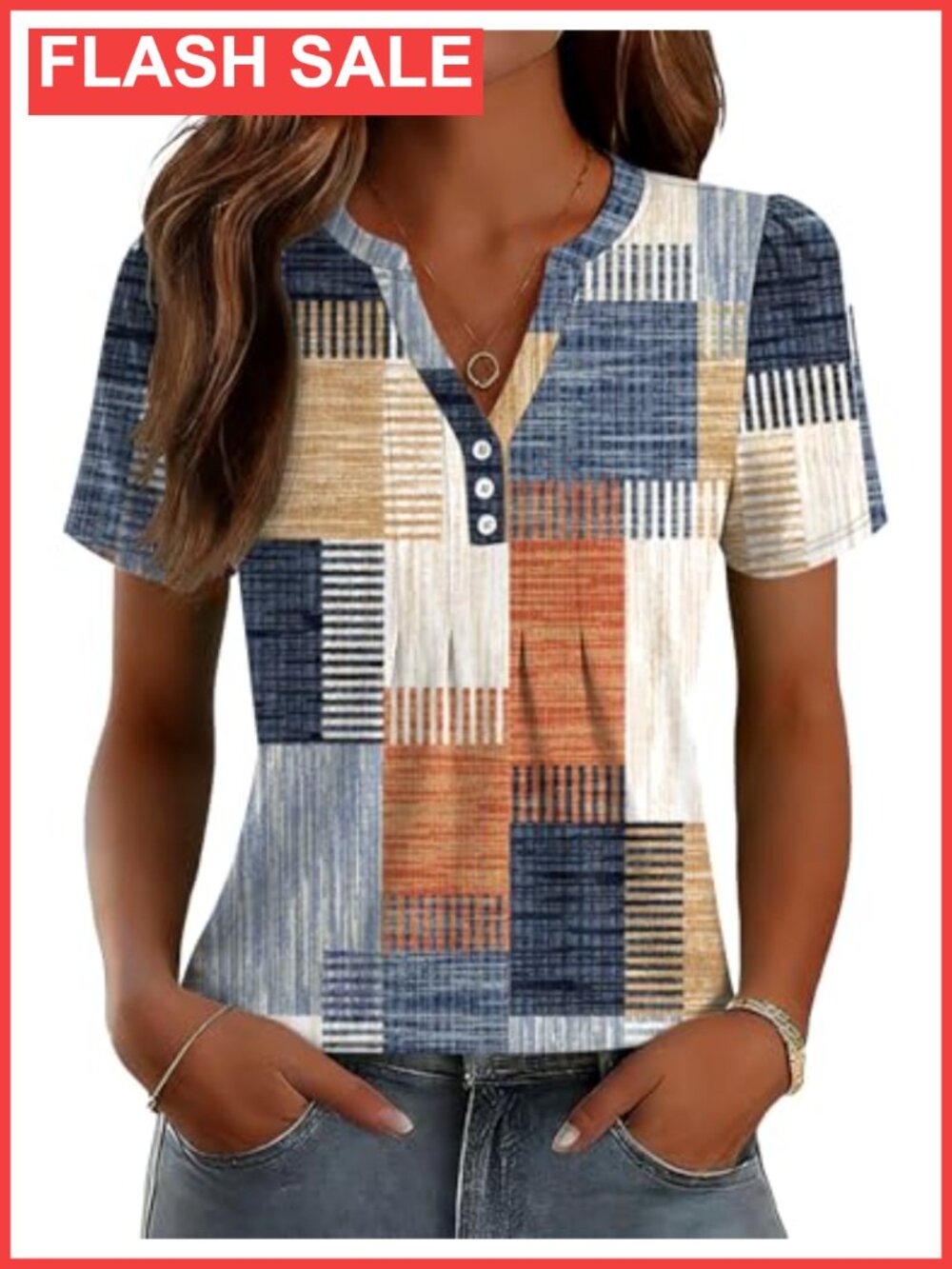 Womens Pleated Front V-Neck Short Sleeve Tunic Top Loose Fit Summer Blouse